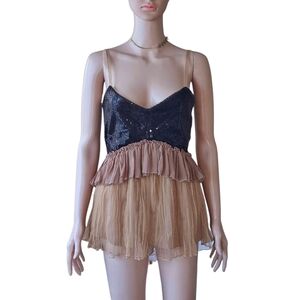 gimmicks by BKE Black Sequin & Tan Ruffled Chiffon Cami Top